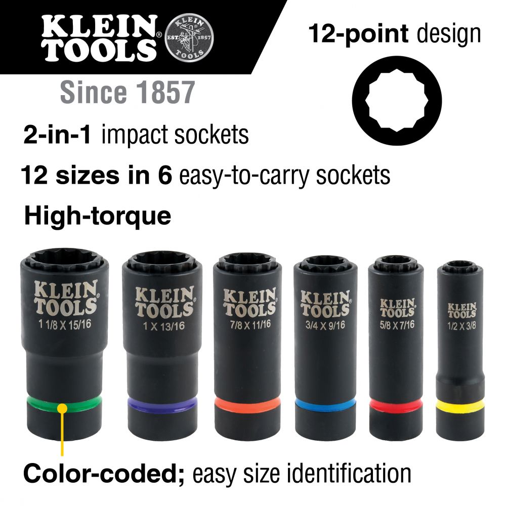 Klein Tools 2-In-1 12 Point Impact Socket 6 Piece Set from GME Supply