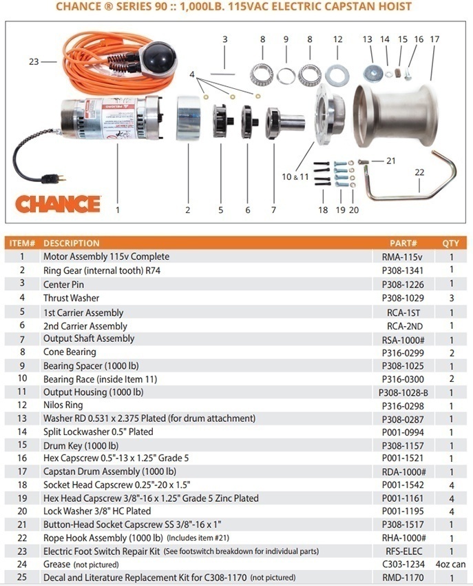 AB Chance Capstan Winch C3081170 Cathead Hoist with Foot Control, 1000 lb Capacity - Part List from GME Supply