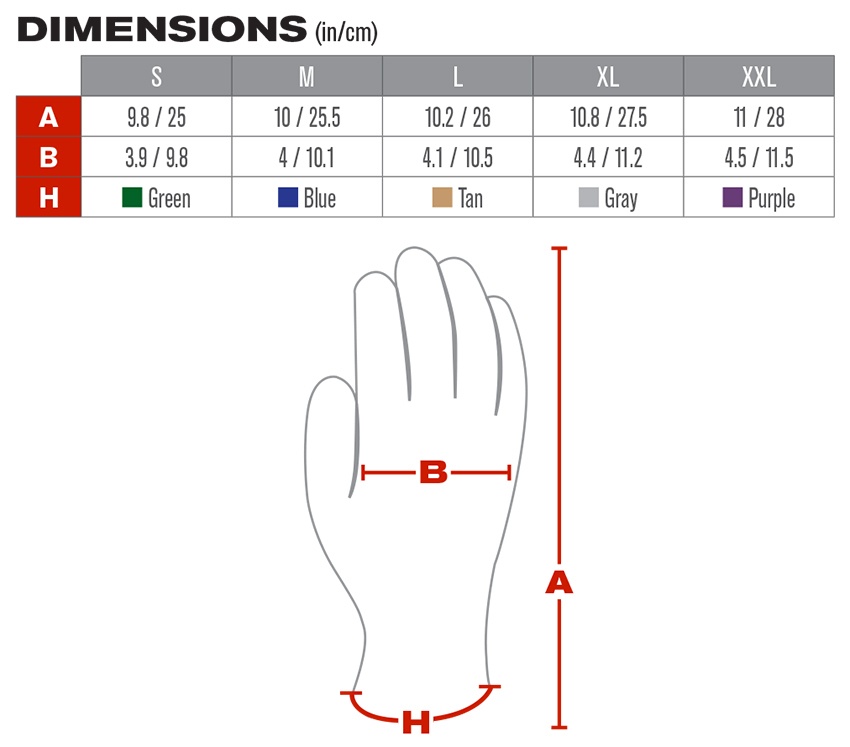 PowerGrab Thermo Hi-Vis Yellow Acrylic Gloves (12 Pair) - Sizing Chart from GME Supply